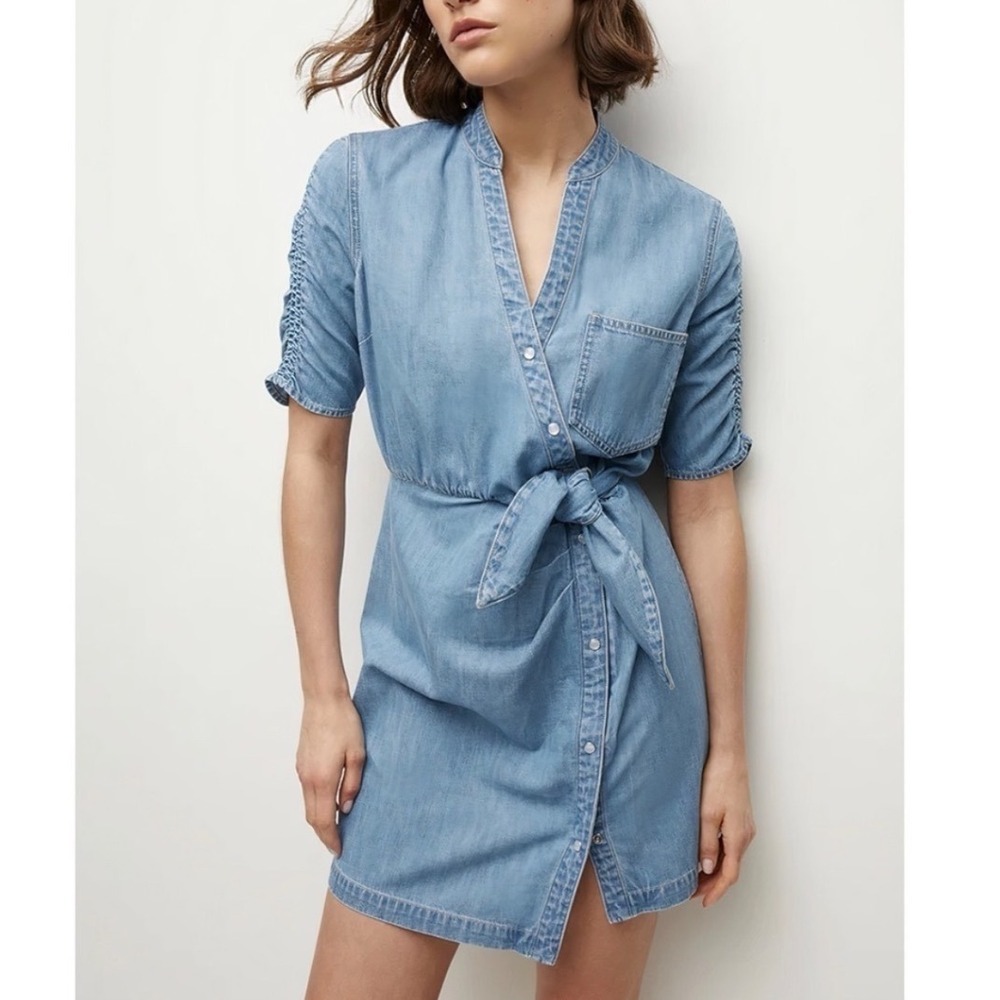 Veronica Beard Dunn Dress Women 6 Blue Chambray Ruched Sleeve Tie Waist Mini